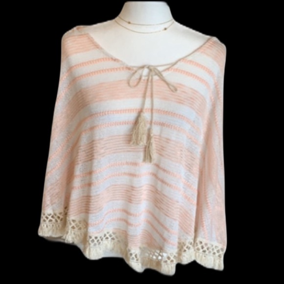 ORANGE CREEk Peach/Cream Tassle Hem Sheer Poncho - Picture 5 of 8